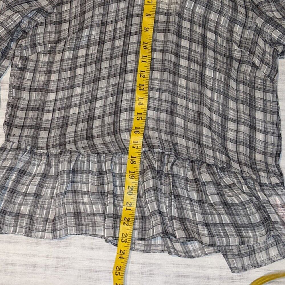 MINKPINK NWT Preppy Semi Sheer Check Plaid Blouse High Neck Ruffle Black White - Picture 9 of 11